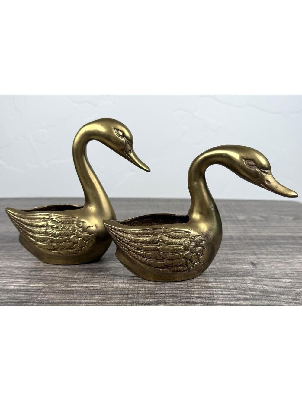 Vintage Brass Swan Planter Pair Mid Century Hollywood Regency Decor